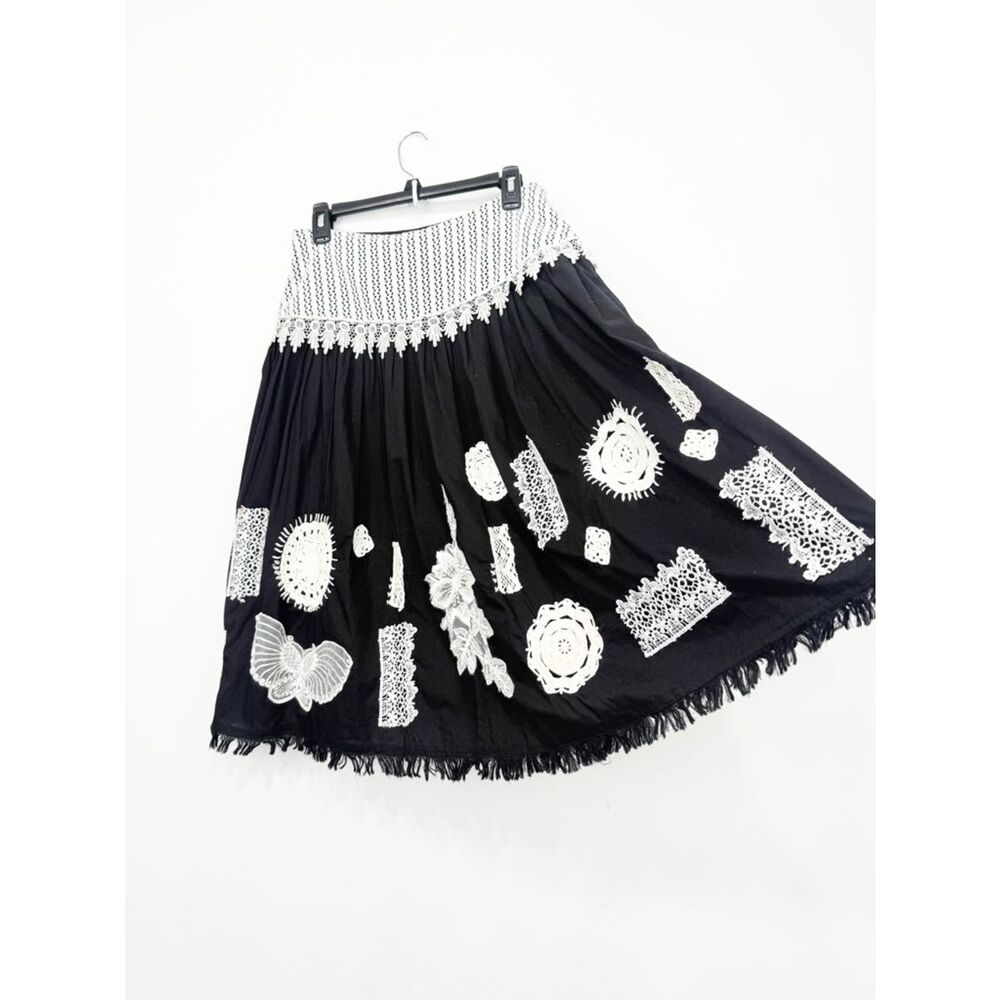 Basil & Maude Black 100% Cotton Lace Appliqué Fringe Hem A line Full Skirt